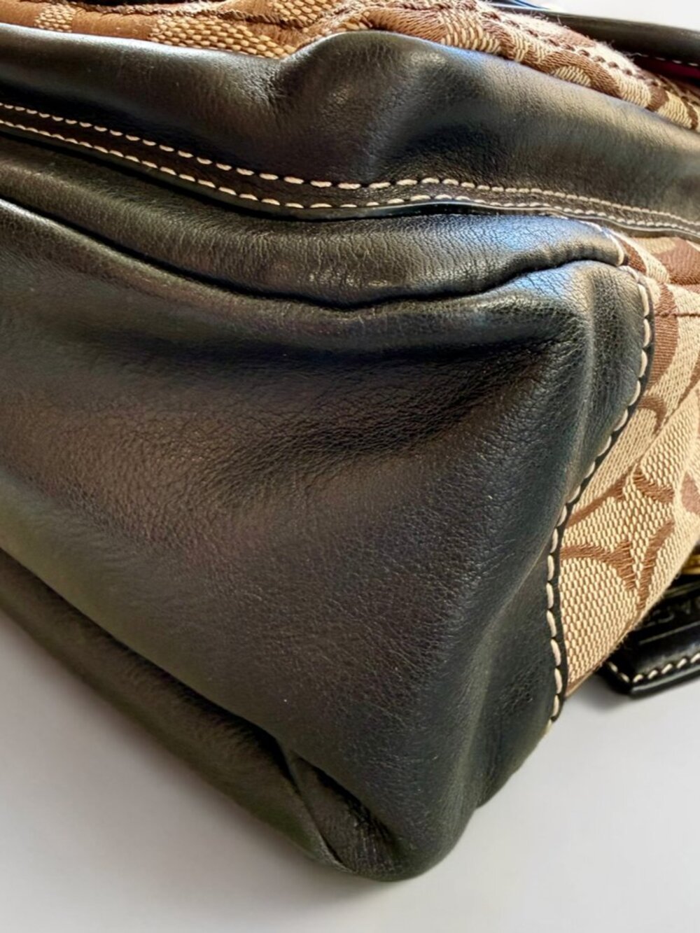 Coach Legacy Tan Signature Black Leather Trim Double Turnlock Satchel Bag 10339 - Picture 6 of 16